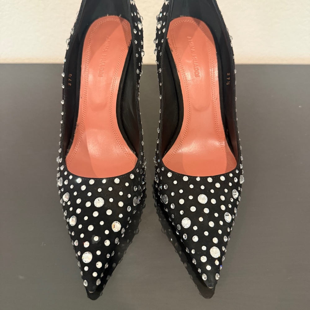 Amina Muaddi- Pointed-toe high heel pumps with crystal/ stud embellishments